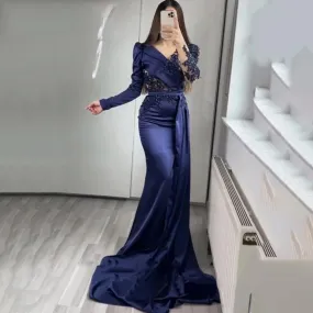2023 squisiti abiti da sera a maniche lunghe scintillanti perline sirena blu navy in raso Dubai abito da sera formale per feste