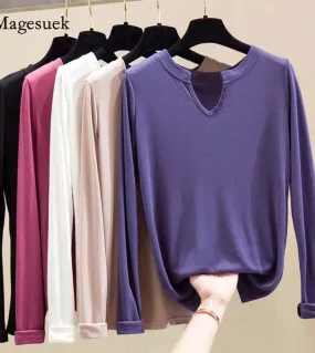 Camicetta a maniche lunghe in cotone con scollo a V manica lunga nuova camicetta da donna in tinta unita slim fit camicia da don