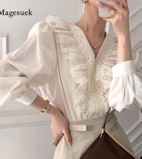 Camicetta da donna con scollo a V Camicetta a tinta unita in patchwork di pizzo con volant chic alla moda Elegante manica lunga