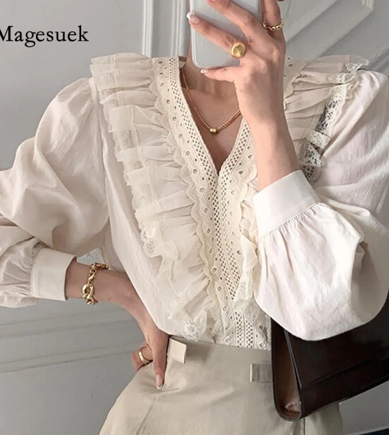 Camicetta da donna con scollo a V Camicetta a tinta unita in patchwork di pizzo con volant chic alla moda Elegante manica lunga