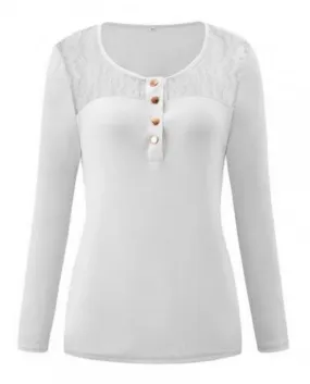 Camicetta da donna tinta unita in pizzo patchwork autunno scollo a V bottoni in metallo De
