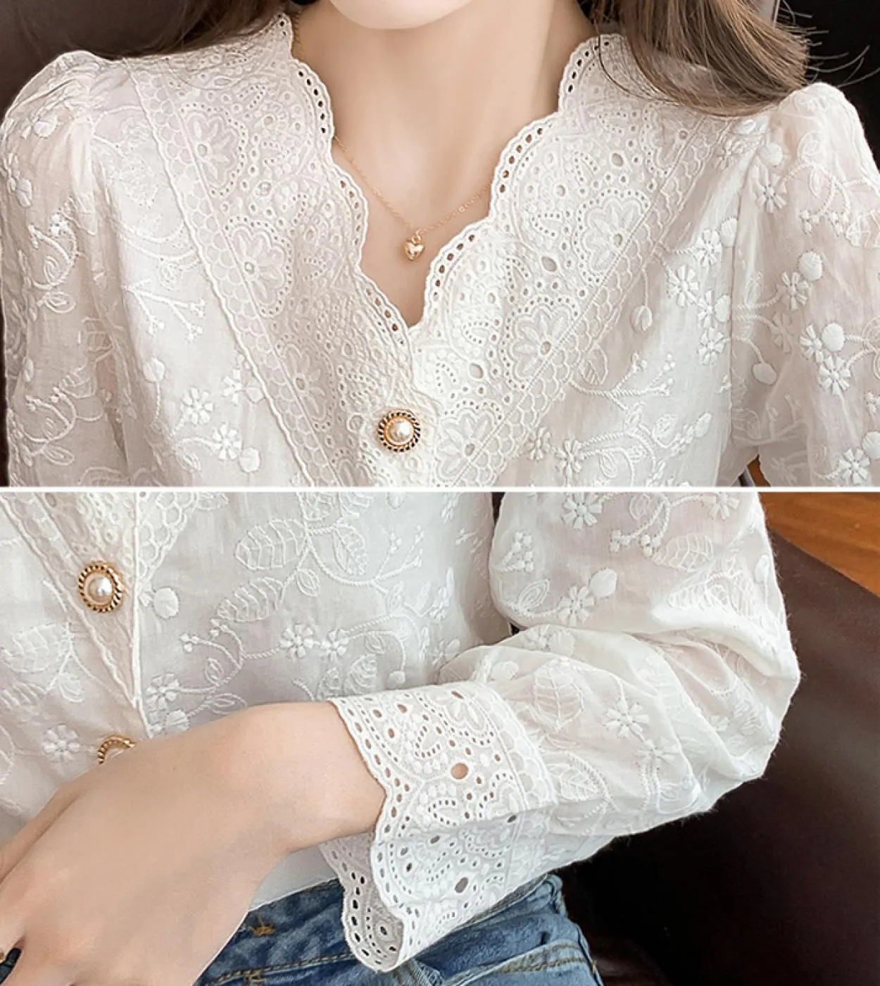 Camicetta in pizzo dolce con scollo a V primaverile Camicetta in chiffon con fiore bianco da donna a maniche lunghe con scollo a