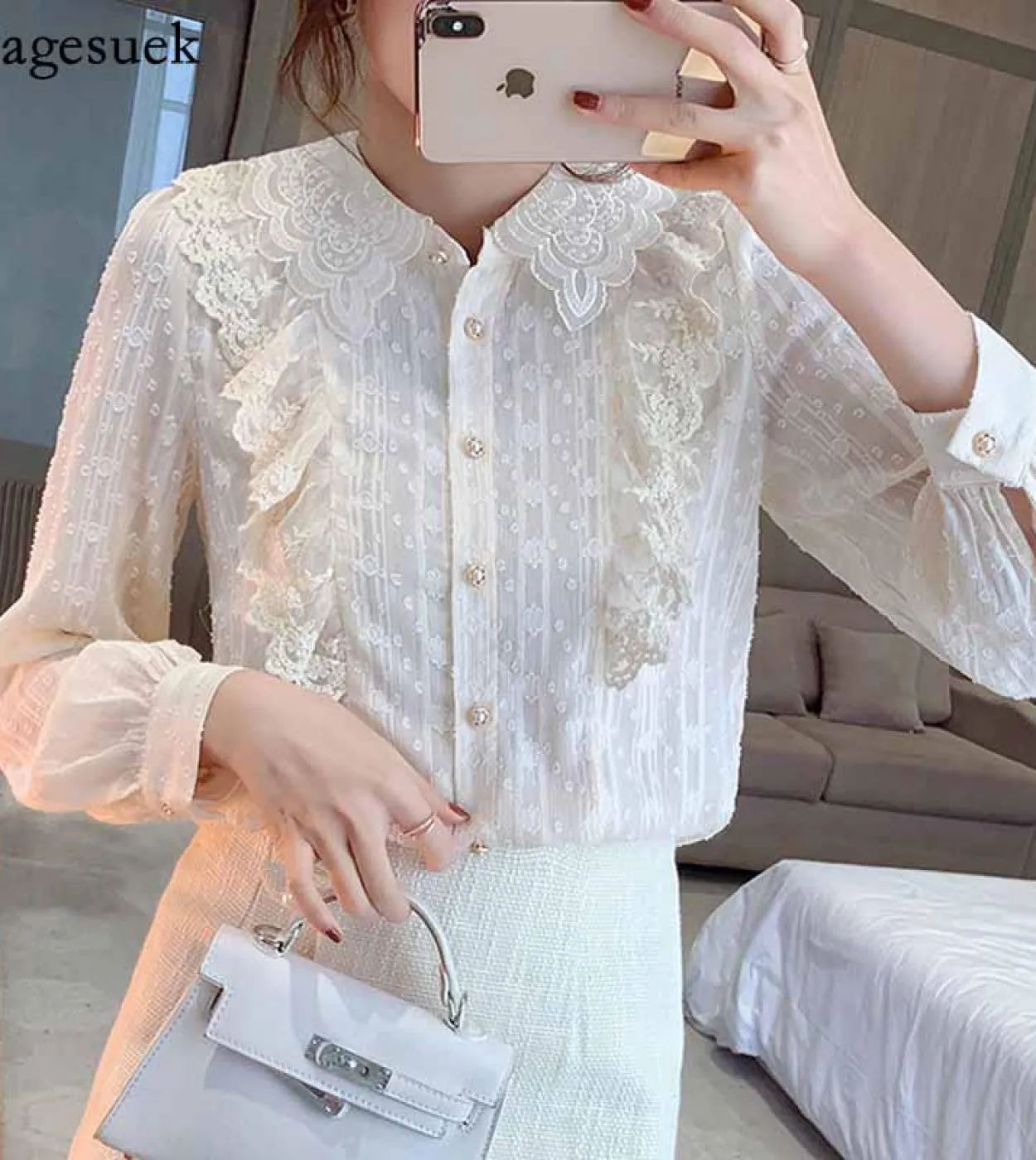 Camicette da donna con ricami a maniche lunghe autunnali Camicetta in chiffon dolce elegante con risvolto solido Donna Camicetta