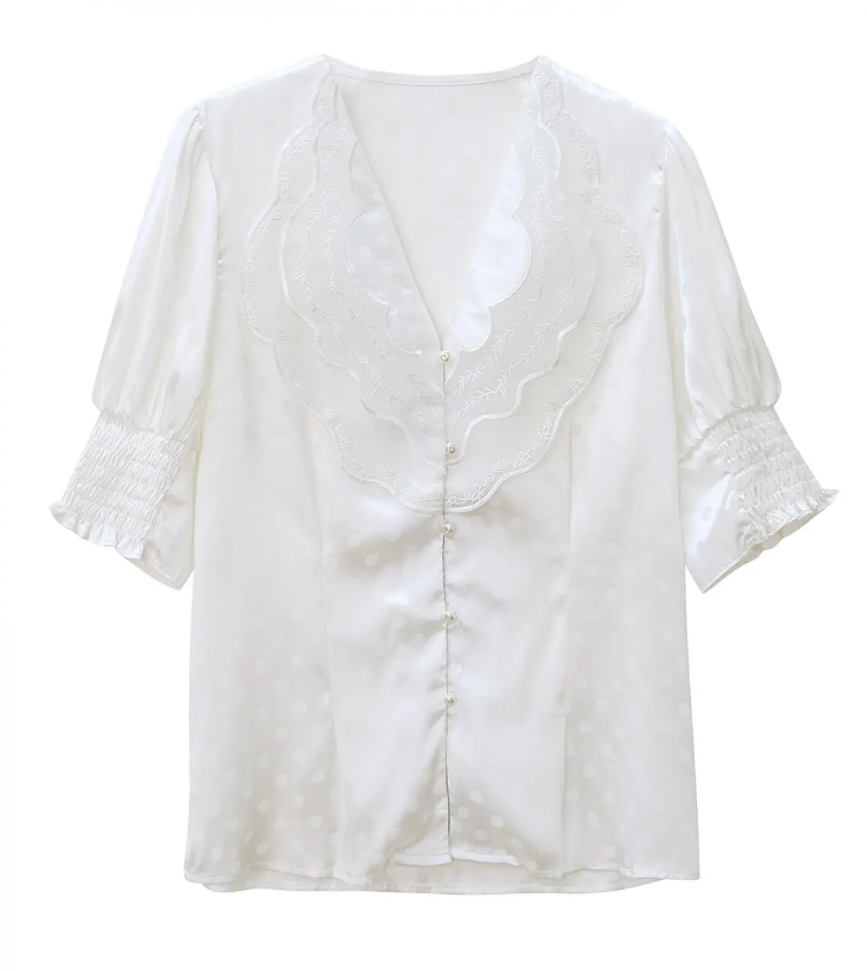 Camicia in chiffon di pizzo estivo da donna con scollo a V manica a sbuffo camicetta a pois donna nuovo stile francese allentato