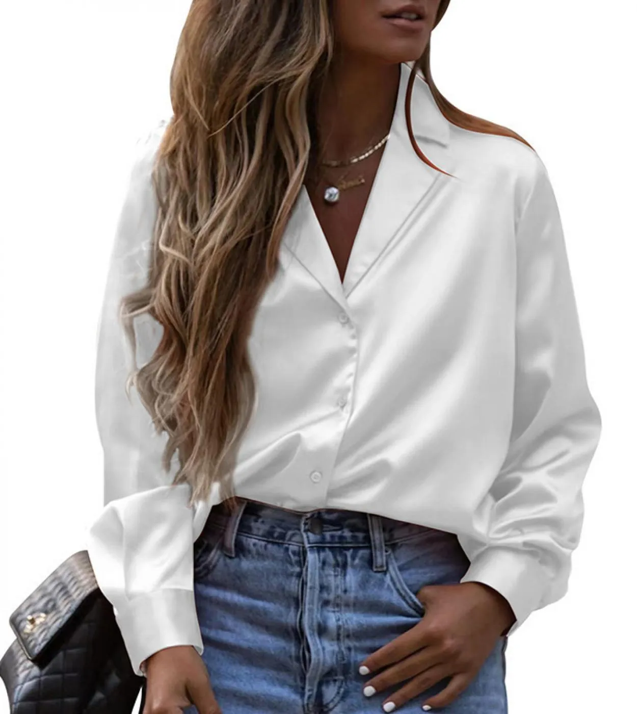 Camicia lunga da uomo in raso con colletto alla moda, top a maniche lunghe da donna, ufficio 2023, camicetta da donna casual all