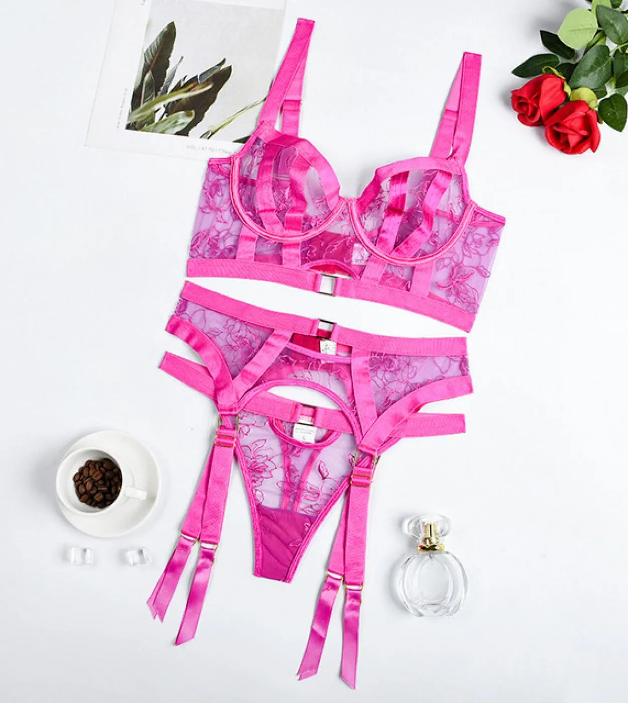 Ellolace Fine Lingerie Fancy Lace 3piece Luxury Costume Porn Underwear Women Body Purple See Through Bra and Panty Set