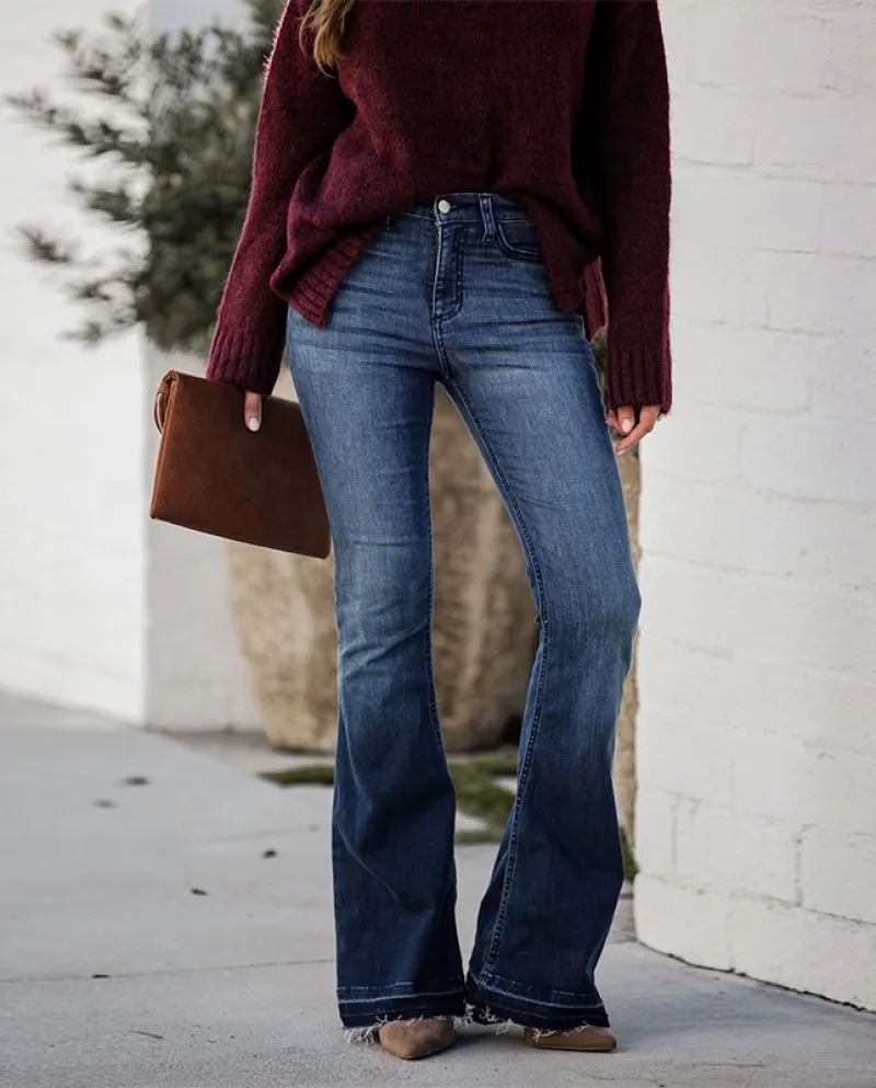 Factory Direct Sales To Europe And The United States Into   Women's Jeans Fashion Slim Stretch Raw Edge Flared Trousers