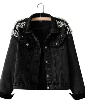 Fashion Heavy Work Beading Short Denim Jackets Womens Loose Casual Outerwear 2022 New Autumn Long Sleeve Jeans Jacket Co
