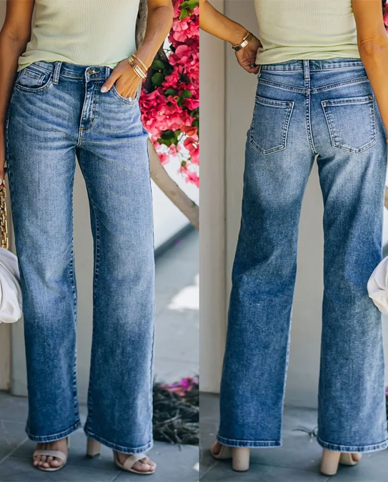 Independent Station   Light Color Simple Jeans For Women Washed High Waist Wide Leg Trousers In Stock
