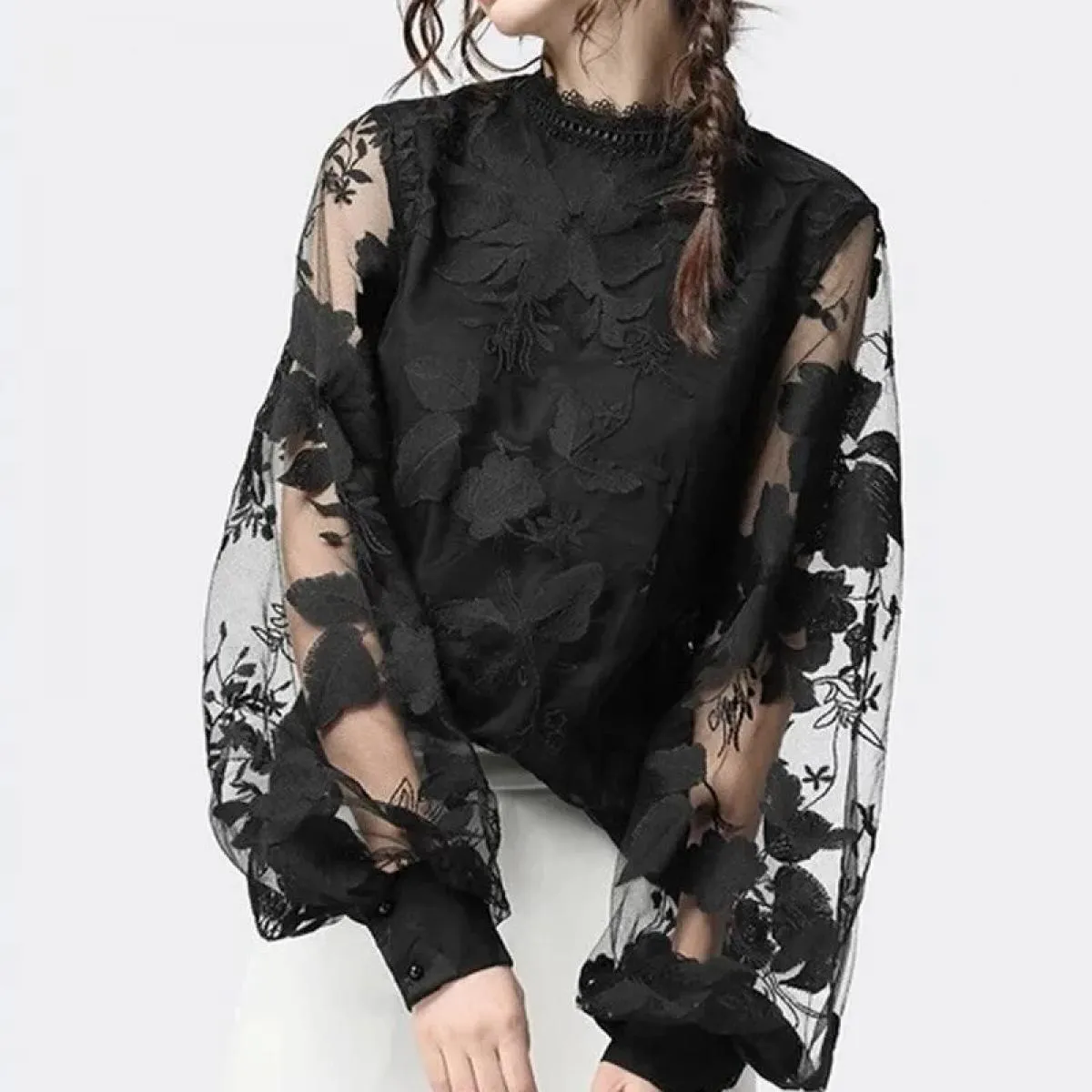 Moda Donna Camicetta 2023 delle Nuove Donne Del Merletto Del Manicotto A Soffio Trasparente Girocollo di Colore Solido Camicetta