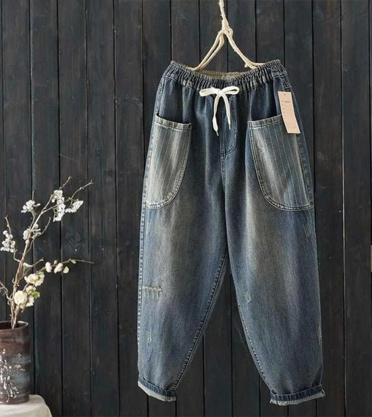 Nuovo arrivo Primavera Autunno Stile artistico Donna Elastico in vita Pantaloni larghi Harem in denim casual Jeans a righe vinta