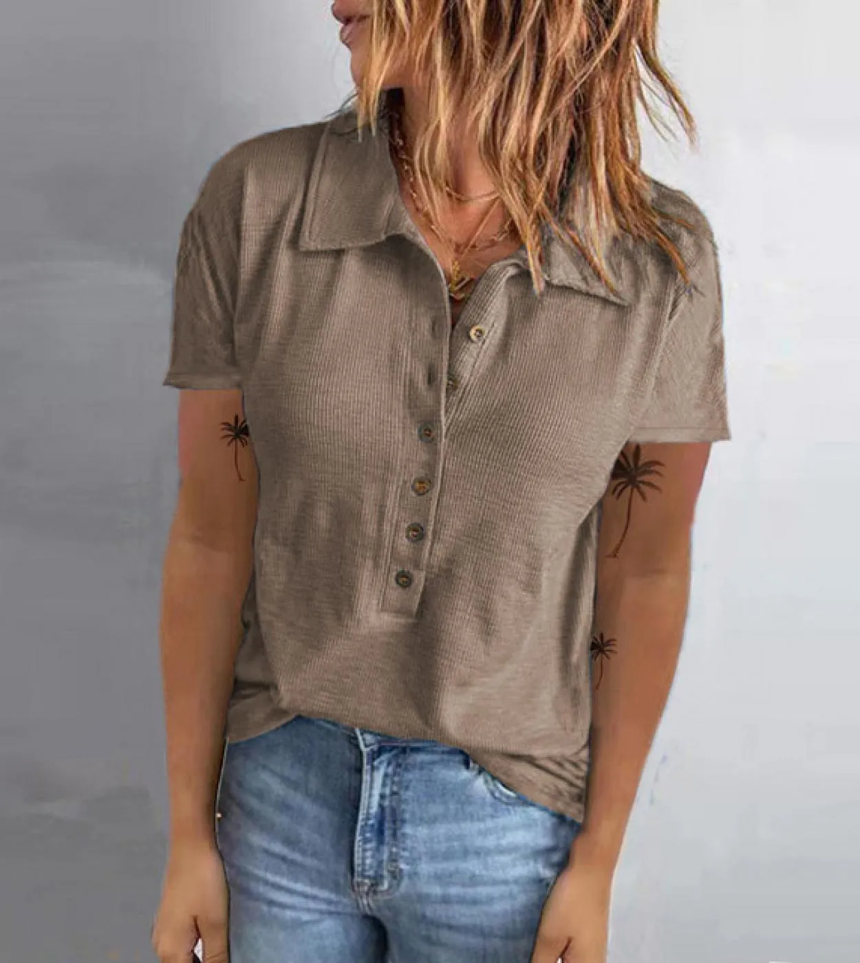 Primavera Casual Donna Magliette 2022 Turndown Collare Estate Manica Corta Allentato Magliette E Camicette Delle Donne Camicetta