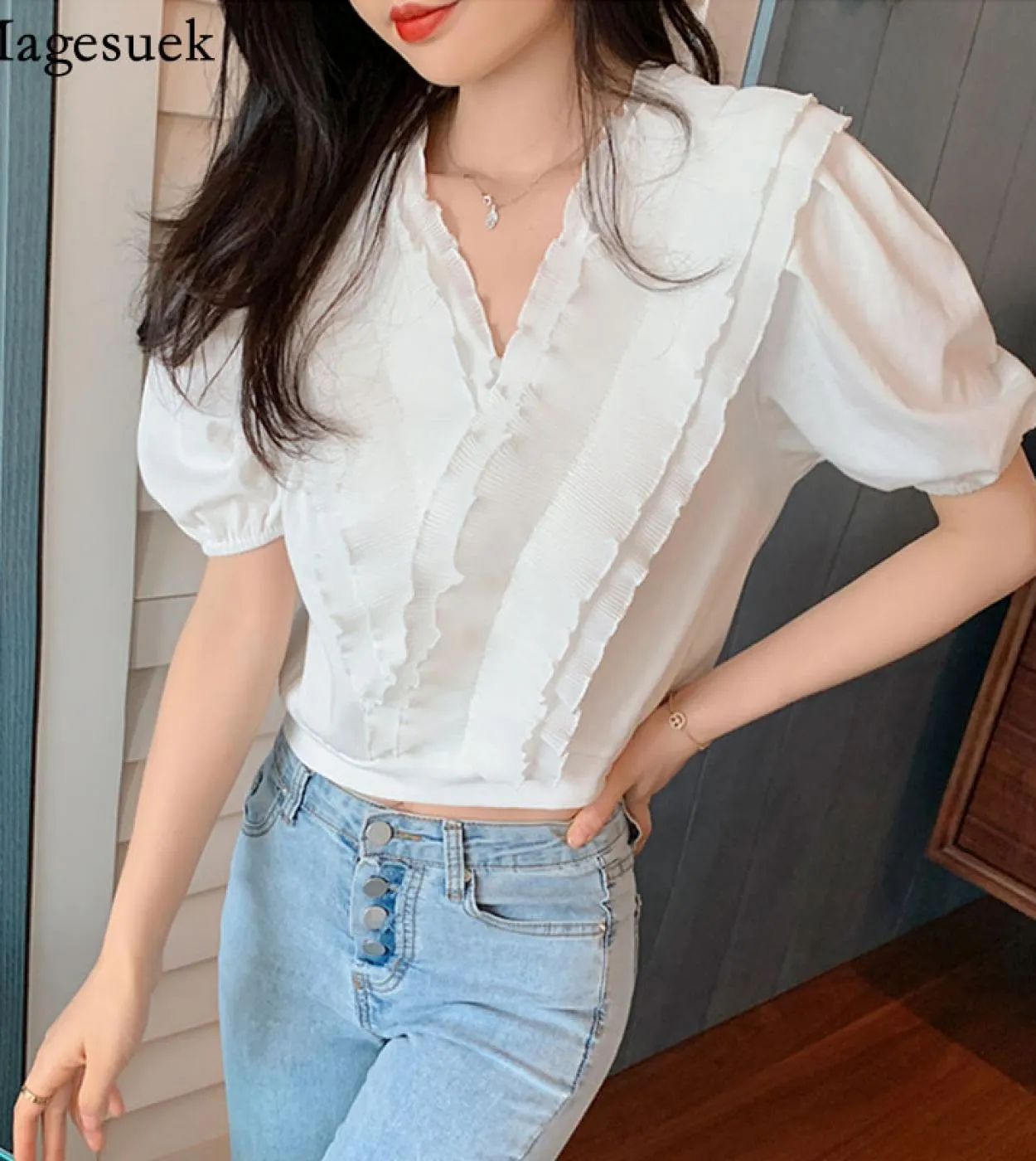 Summer New French Women Top New V Neck Chic Ruffle Patchwork Retro Short White Camicetta Puff Short Sleeve Pieghettata 1