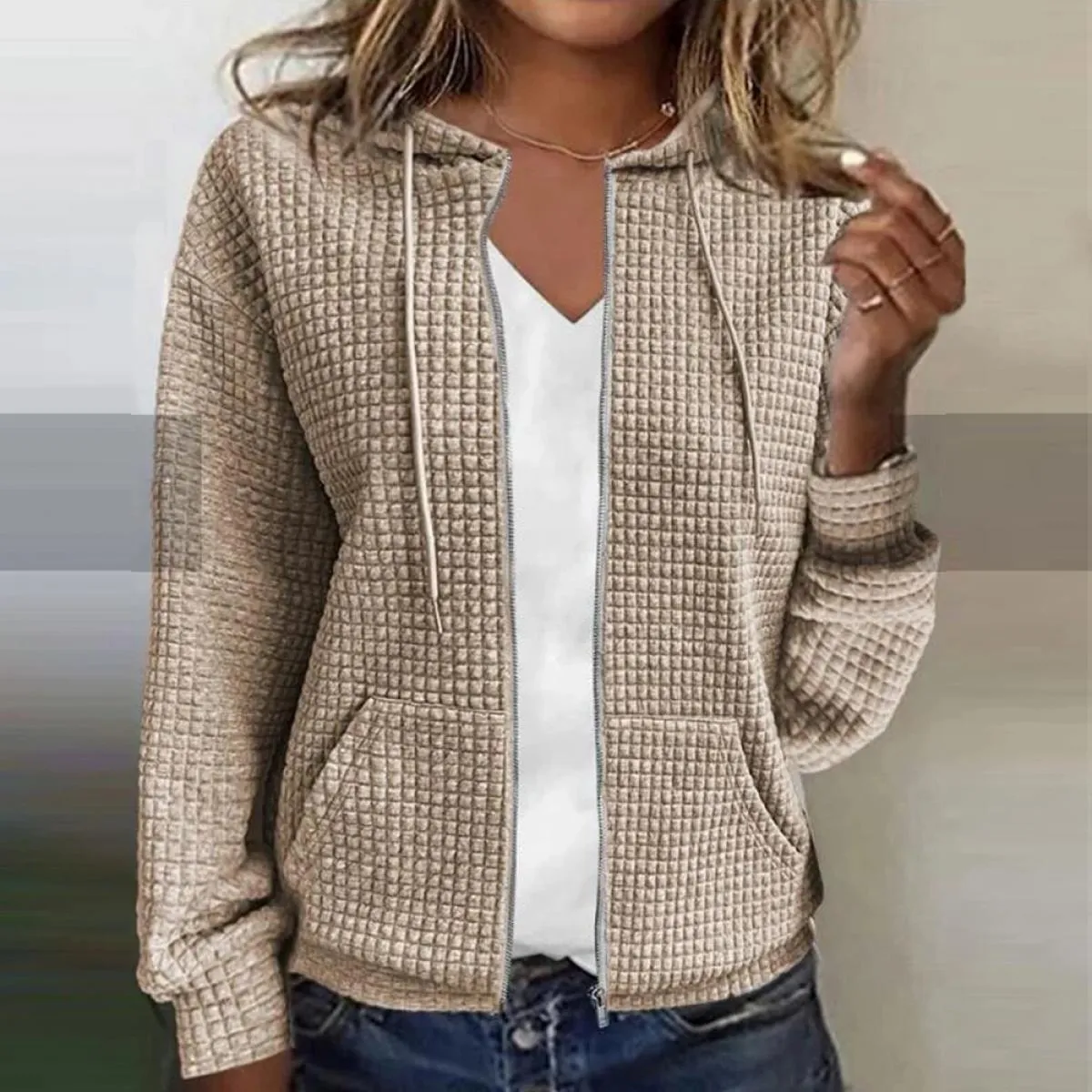 T-shirt con cappuccio tinta unita autunno manica lunga waffle da donna Top Abbigliamento Abbigliamento da donna di alta qualità