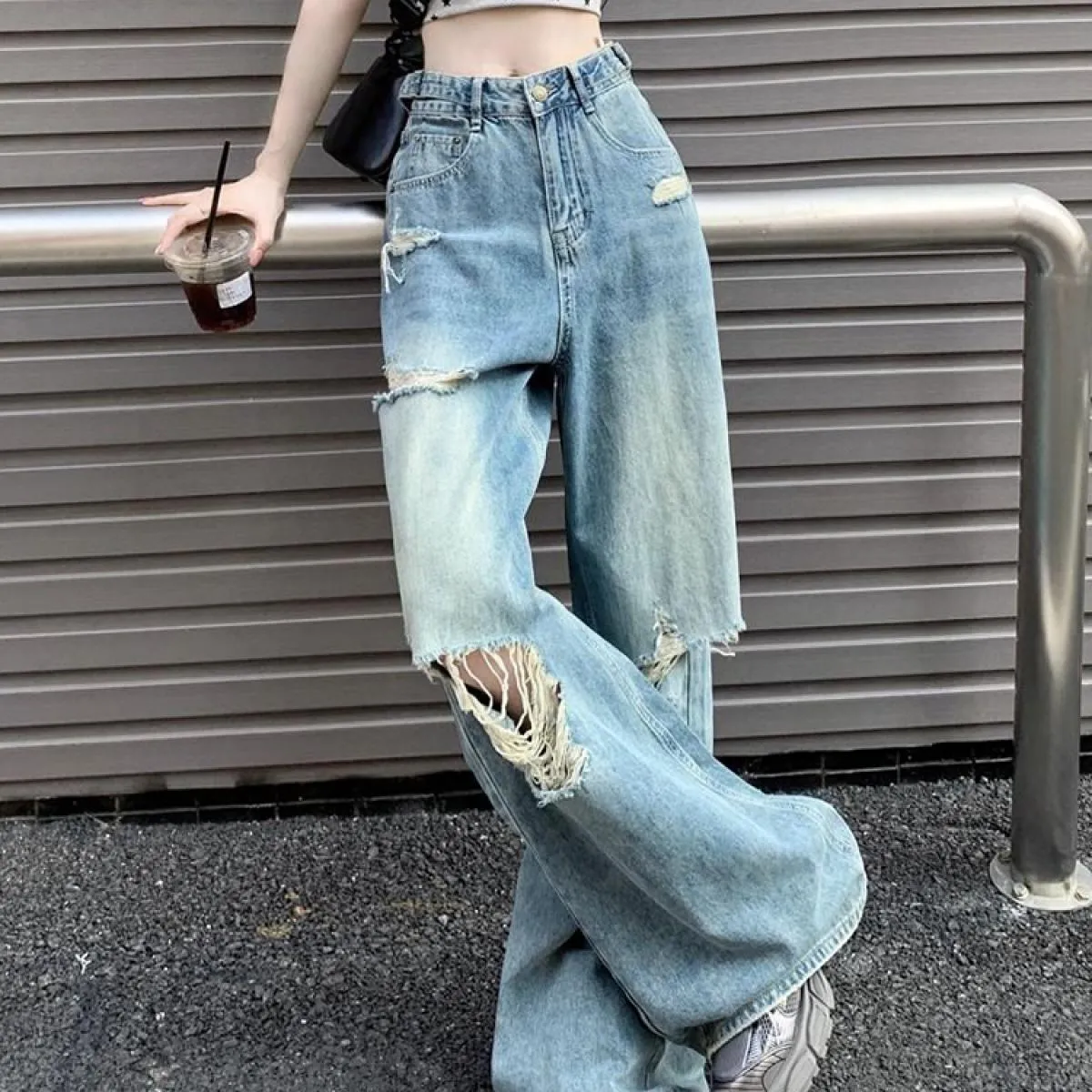 Zoki Hole Streetwear Jeans Donna Hip Hop scava fuori pantaloni larghi  pantaloni retrò a vita alta Casual Bf Harajuku Denim